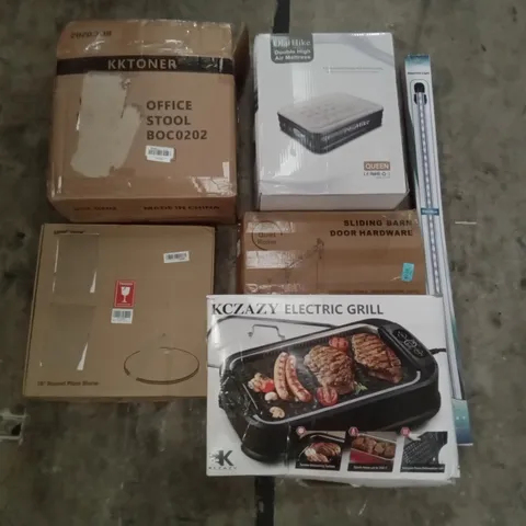 PALLET OF ASSORTED ITEMS INCLUDING KKTONER OFFICE STOOL, OLARHIKE DOUBLE HIGH AIR MATTRESS, SLIDING BARN DOOR HARDWARE, ELECTRIC GRILL, 15" ROUND PIZZA STONE, AQUARIUM LIGHT