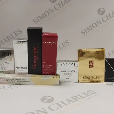 BOX OF APPROX 20 ASSORTED BEAUTY PRODUCTS TO INCLUDE LANCOME OMBRE HYPNOSE, CLARINS MATIFYING FOUNDATION #NUDE CAPPUCINO, NARS BLUSH POWDER #ALBATROSS, ETC