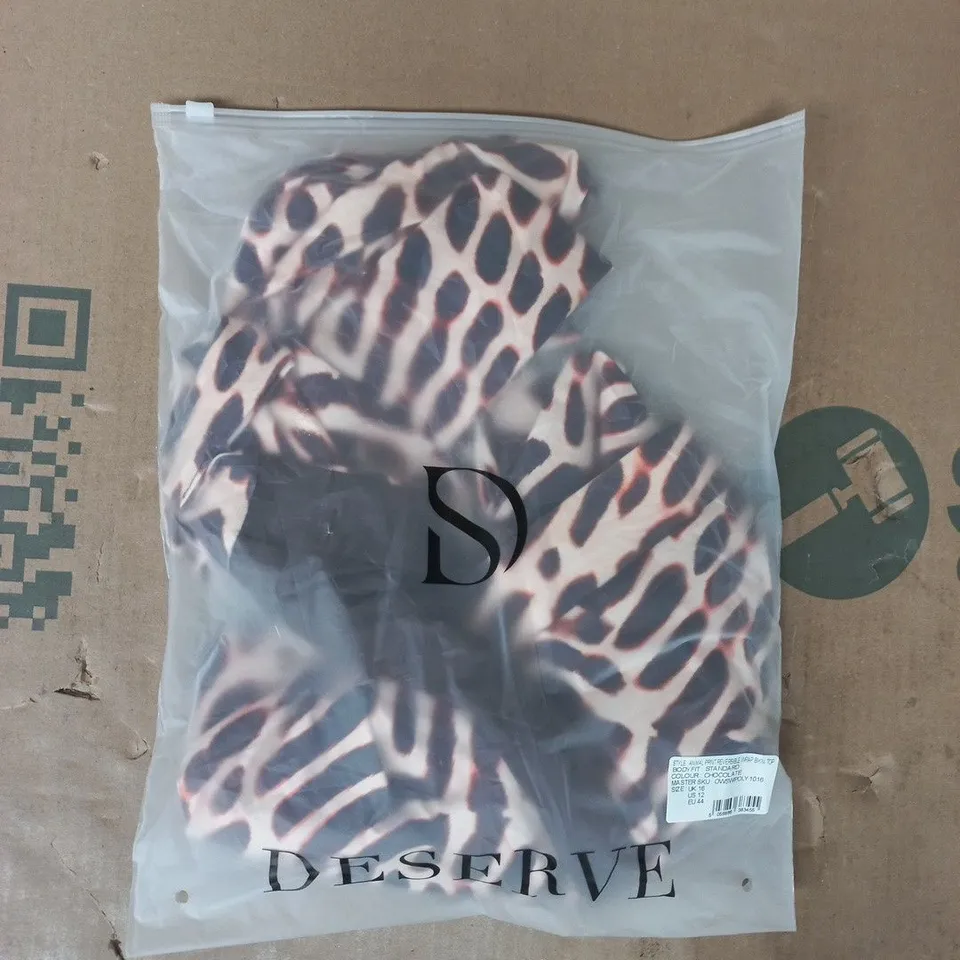 BAGGED DESERVE ANIMAL PRINT REVERSIBLE WRAP BIKINI TOP IN CHOCOLATE SIZE UK 16