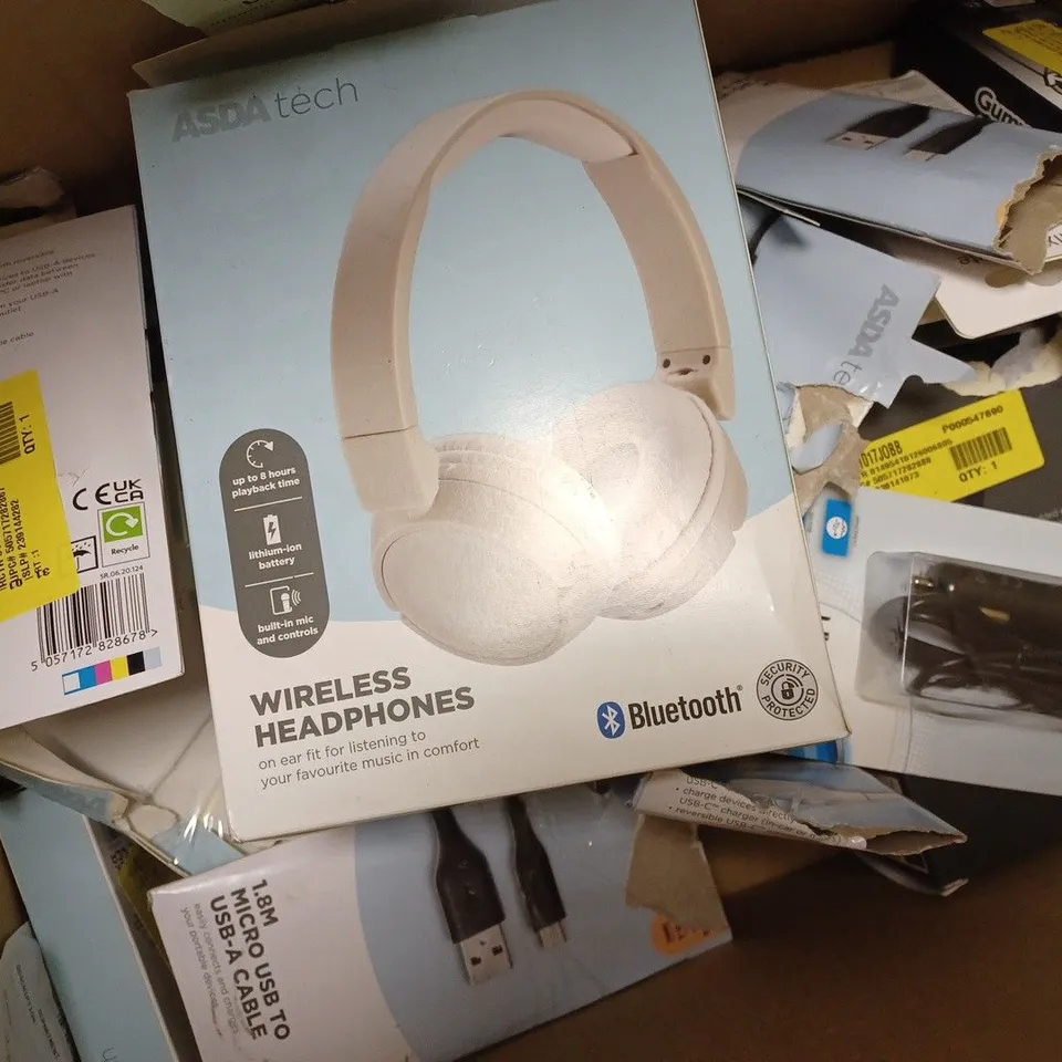 APPROXIMATELY 20 ASSORTED TECH PRODUCTS TO INCLUDE MIXX HEADPHONES, DVD PLAYER, HDTV INDOOR AERIAL 