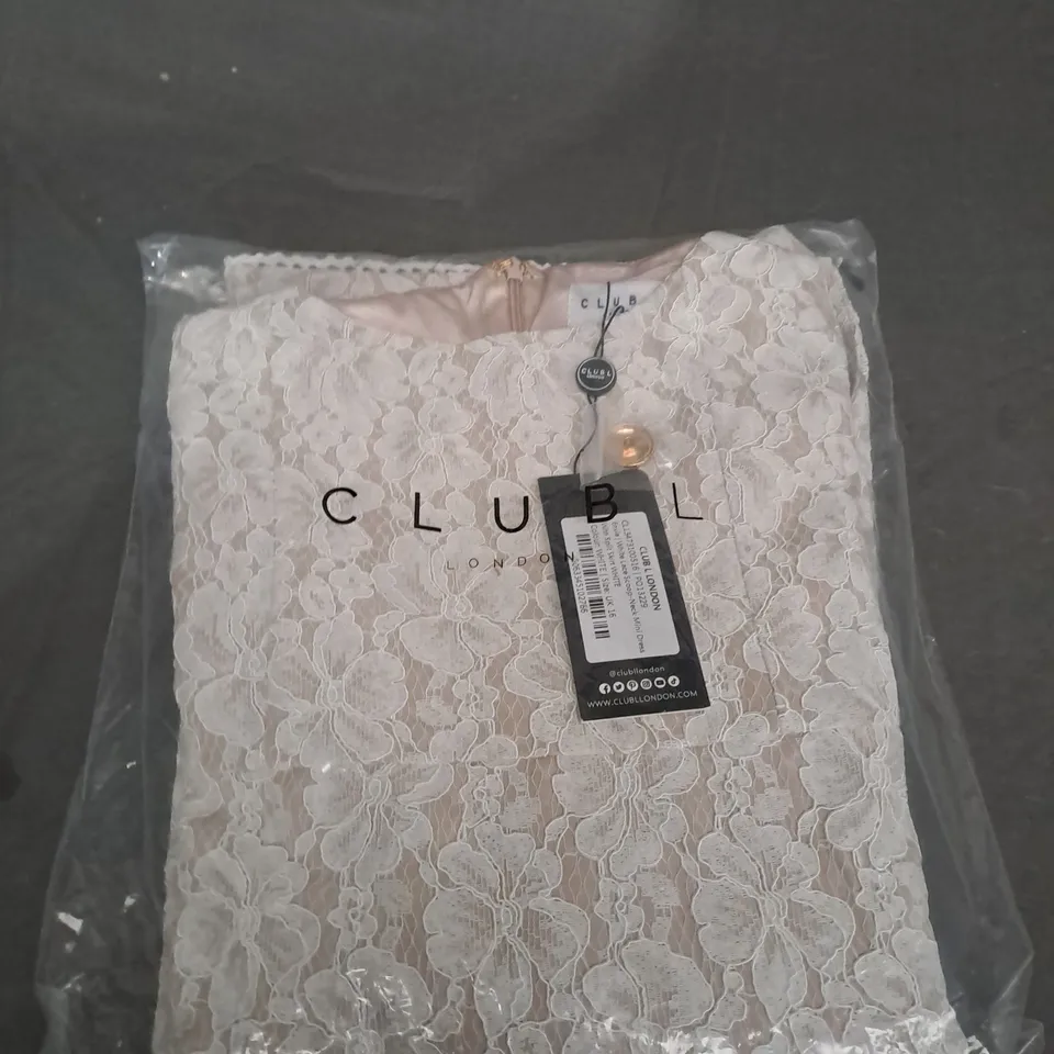 BAGGED CLUB L WHITE LACE SCOOP NECK MINI DRESS SIZE 16