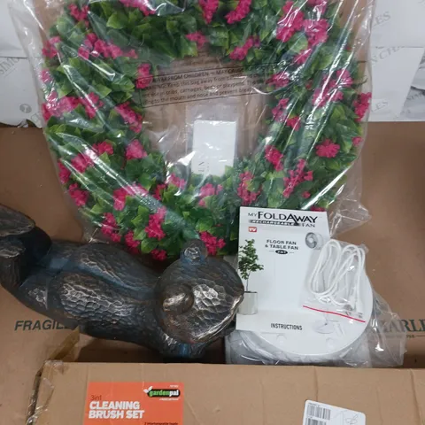 LOT OF 10 ASSORTED HOUSEHOLD ITEMS TO INCLUDE FOLDAWAY FAN, CLEANING BRUSH SET, PRE-LIT WREATH AND WALKING CANES