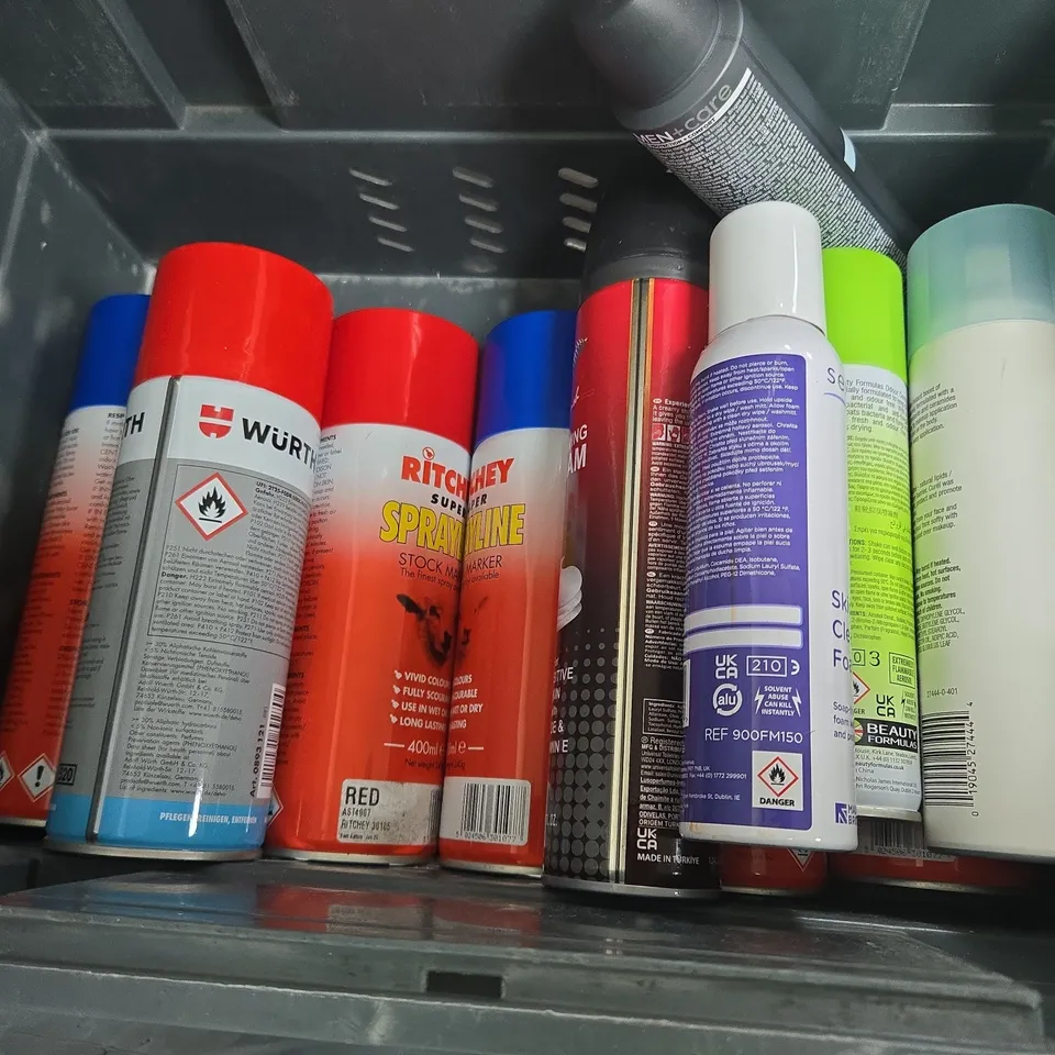 APPROXIMATELY 10 ASSORTED AEROSOLS TO INCLUDE BODY SPRAY, ADHESIVE, AND AIRWICK ROOM SPRAY ETC. 