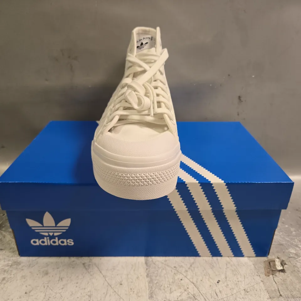 BOXED PAIR OF ADIDAS NIZZA PLATFORM MID SHOES IN WHITE SIZE UK 7