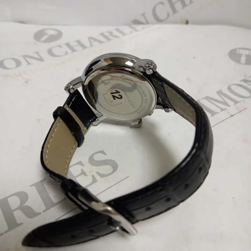 MENS LOUIS LACOMBE CHRONOGRAPH WATCH – MULTI FUNCTION DIAL WITH DATE – ROMAN NUMERAL DIAL – LEATHER STRAP 