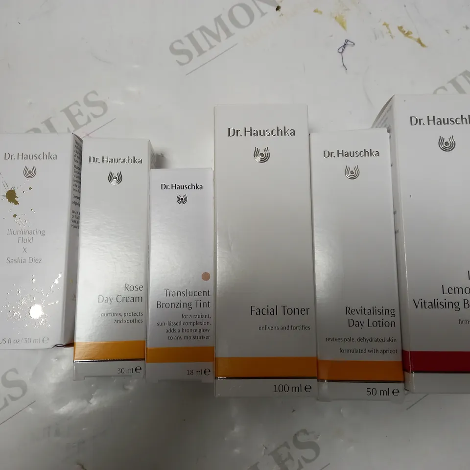 LOT OF 6 ASSORTED DR. HAUSCHKA PRODUCTS TO INCLUDE LEMONGRASS BODY OIL, FACIAL TONER, BRONZING TINT ETC