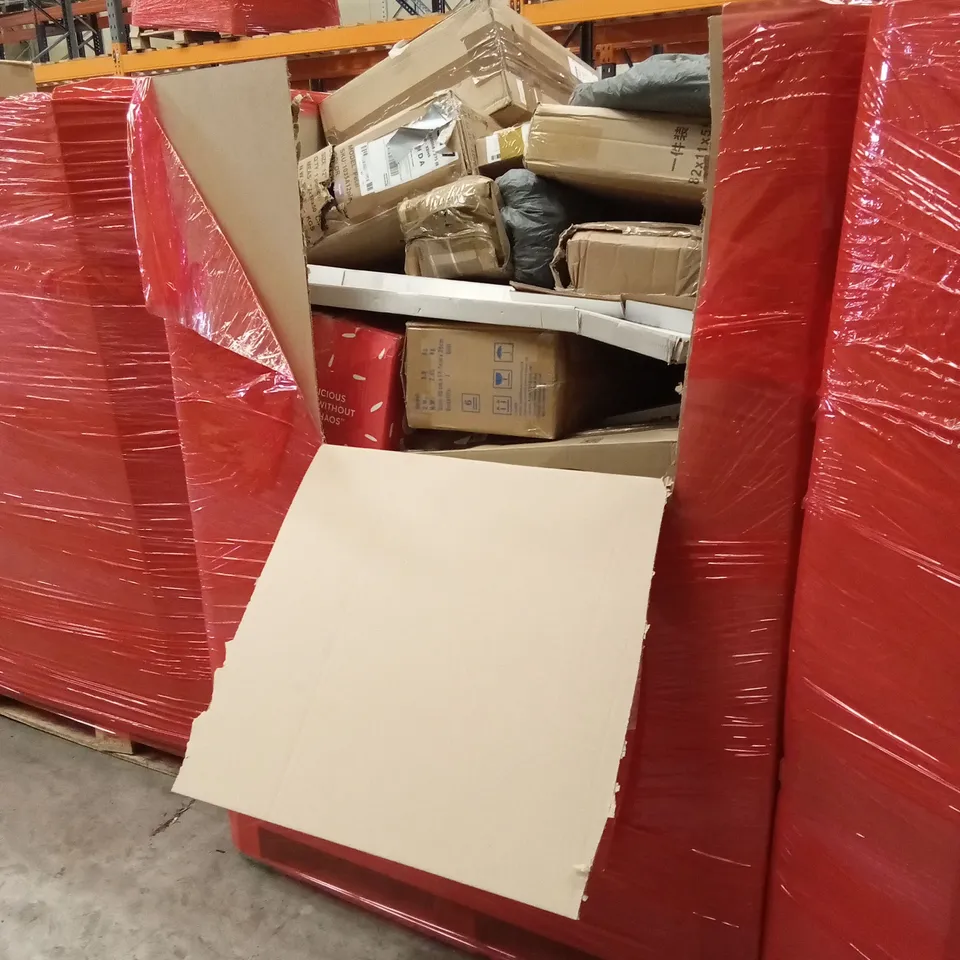 PALLET OF ASSORTED HOUSEHOLD GOODS AND PRODUCTS TO INCLUDE; FLATPACK FURNITURE, CHAIR, LARGE SCREEN PROTECTORS ETC