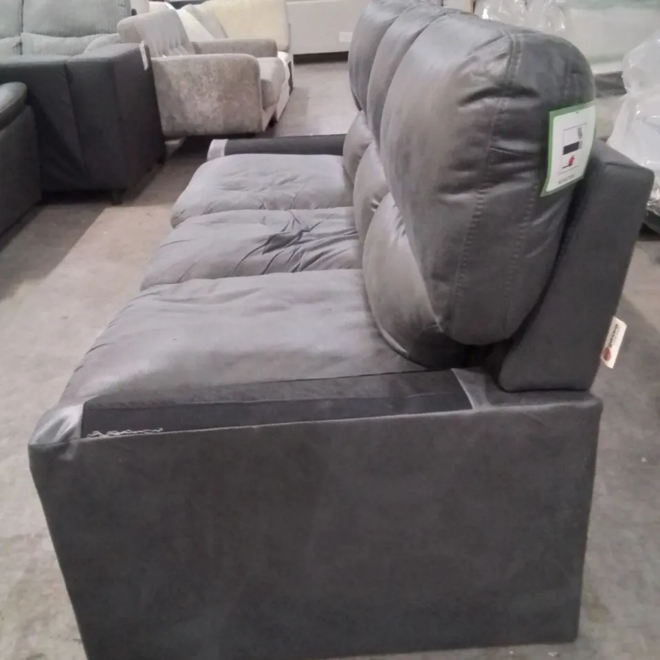 QUALITY DESIGNER 3 SEATER FABRIC UPHOLSTERED SOFA -DARK GREY- (CUSHION ARMS MISSING)