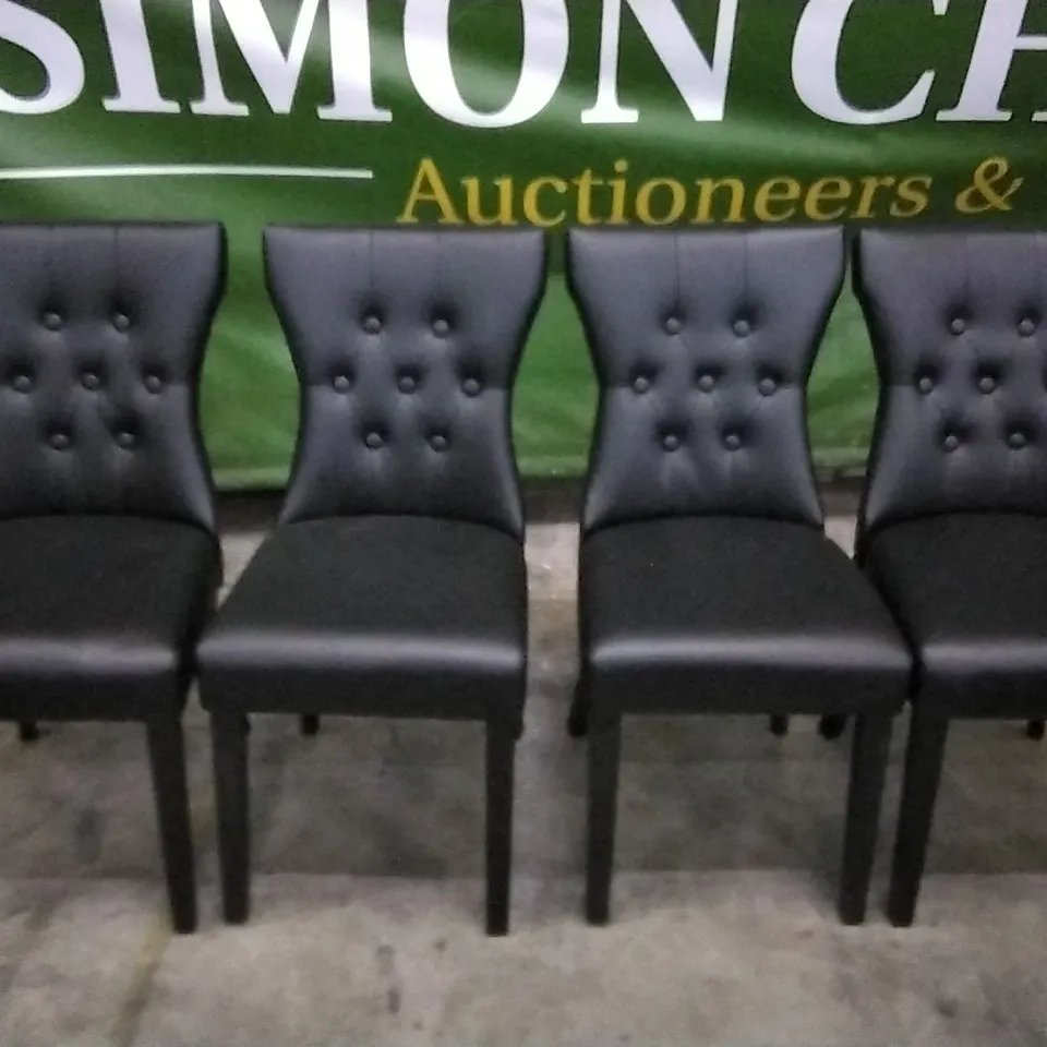 SET OF 4 BLACK LEATHER BUTTONBACK STUDDED DINING CHAIRS WITH KNOCKER BACKS AND BLACK WOODEN LEGS