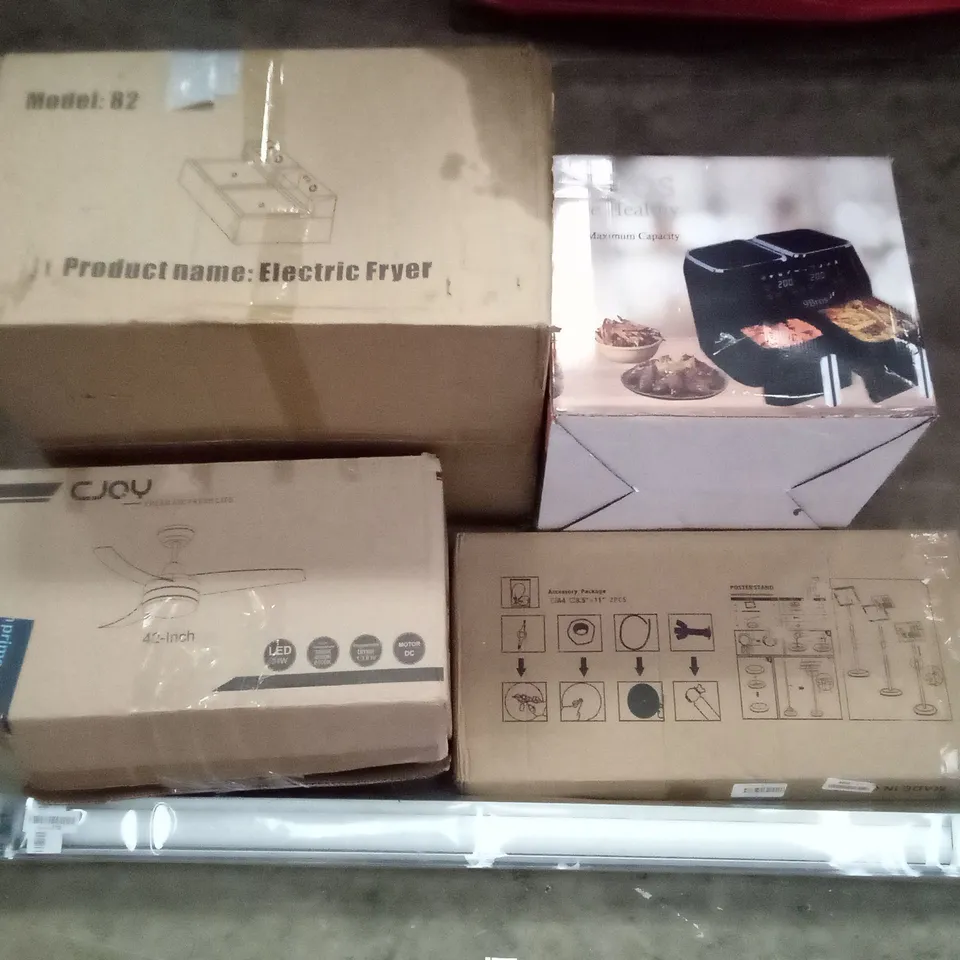 PALLET OF ASSORTED ITEMS INCLUDING ELECTRIC FRYER, DUAL AIR FRYER, ADJUSTABLE POSTER STAND, LED CEILING FAN, ROLLER BLINDS, 12" DESK FAN 