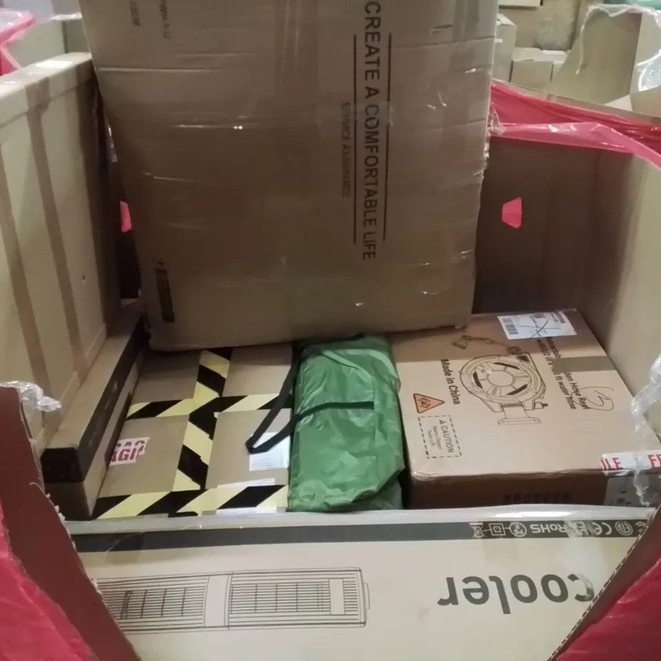 PALLET CONTAINING VARIOUS ASSORTED BOXED HOUSEHOLD ITEMS TO INCLUDE: AIR COOLER,  RETRACTABLE GARDEN HOSE REEL, MAKEUP MIRROR,  PC MONITOR AND LOTS MORE UNMARKED BOXED ITEMS 