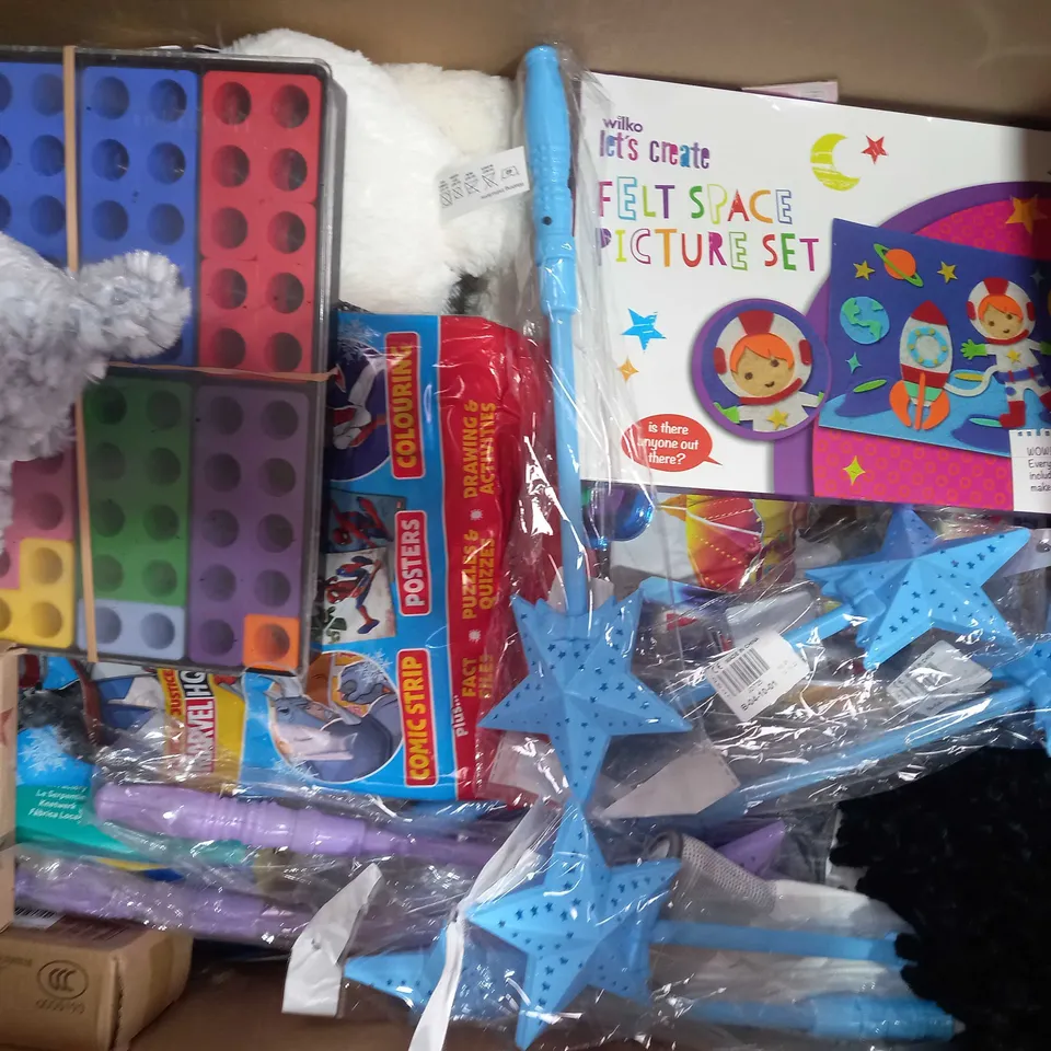 BOX OF APPROXIMATELY 25 ASSORTED TOYS AND GAMES TO INCLUDE ARTBOX ACTIVITY GLUE SET, THUNDERCATS LUNCH BOX, BARBIE SELFIE MIRROR, ETC