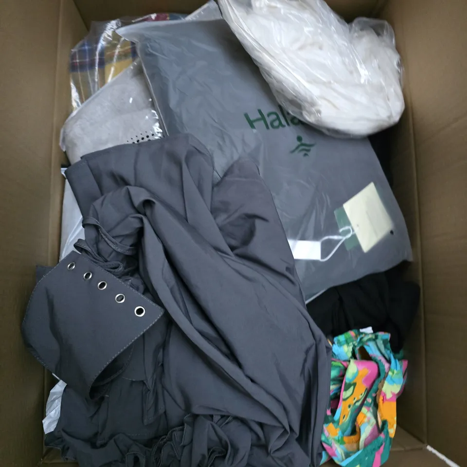 LARGE BOX OF APPROXIMATELY 25 ASSORTED CLOTHING ITEMS IN VARIOUS COLOURS, STYLES AND SIZES - COLLECTION ONLY