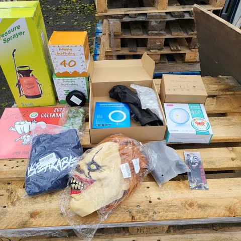 PALLET OF 6 LARGE BOXES OF A SIGNIFICANT QUANTITY OF ASSORTED ITEMS TO INCLUDE 5 LITRE PRESSURE SPRAYER, LED BEAUTY SUPPLEMENT LIGHT WITH STAND, ASNN BABY MILESTONE TRAIN, ETC