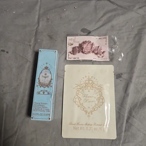 FLOWER KNOWS LOT OF 3 ASSORTED COSMETIC PRODUCTS TO INCLUDE - STRAWBERRY ROCCOCO CLOUD LIP CREAM IN PEACHY MILK - MAKEUP REMOVER WIPES - HAIR CLIP - ETC