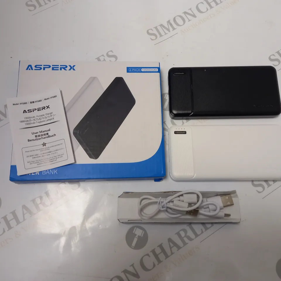 BOXED ASPERX TWIN PACK OF 10000 MAH POWER BANK, WITH CABLES AND INSTRUCTIONS