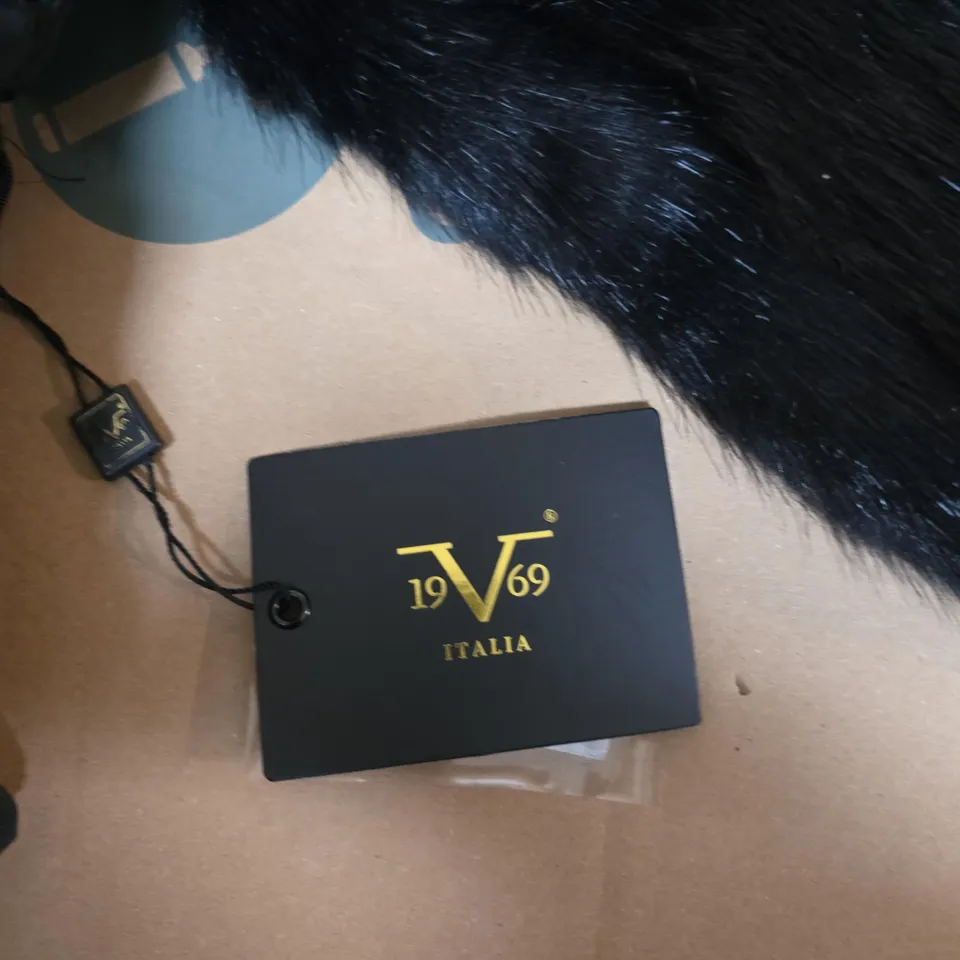 VERSACE 1969 ITALIA GIACCA CHIMONO – BLACK FAUX FUR KIMONO-STYLE JACKET, SIZE S/M