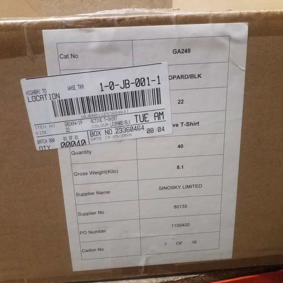 BOX CONTAINING APPROXIMATELY 40 BRAND NEW SIMPLY BE LEOPARD/BLACK ACTIVE TSHIRT - SIZE 22