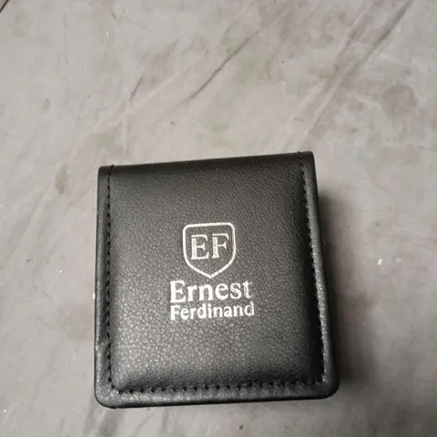 ERNEST FERDINAND QUARTZ WRISTWATCH – ROSE GOLD TONE CASE, ROMAN NUMERALS, BLACK LEATHER STRAP (BOXED)