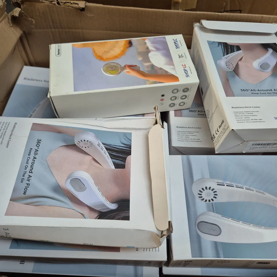BOXED 20 ASSORTED BLADELESS NECK COOLERS AND FANS