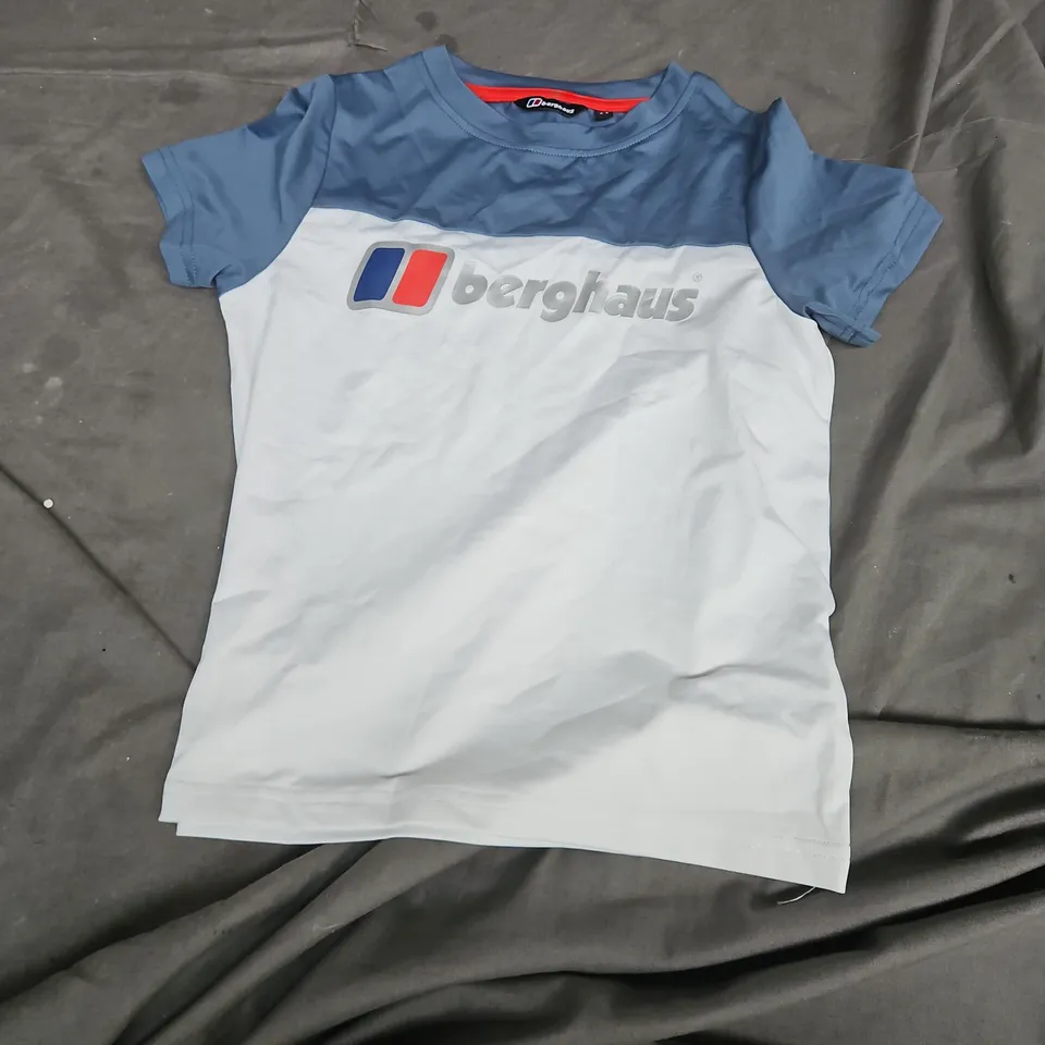 BERGHAUS KIDS' T-SHIRT – BLUE/WHITE WITH LOGO, SIZE 4-5