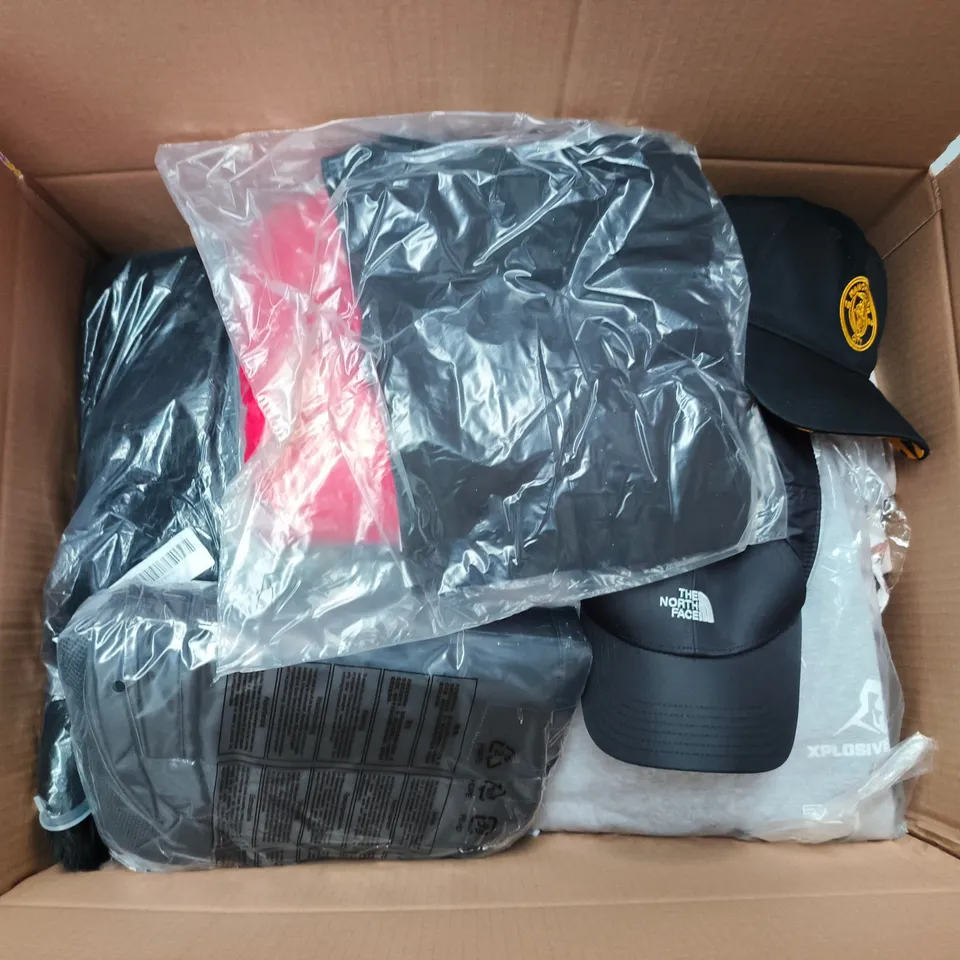 LARGE BOX OF APPROXIMATELY 25 ASSORTED CLOTHING ITEMS IN VARIOUS COLOURS, STYLES AND SIZES - COLLECTION ONLY
