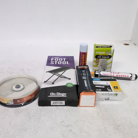 TOTE OF APPROXIMATELY 20 ASSORTED ITEMS TO INCLUDE CO ALARM, FOOT STOOL, FLASHLIGHT, PHILIPS CD-R PACK ETC