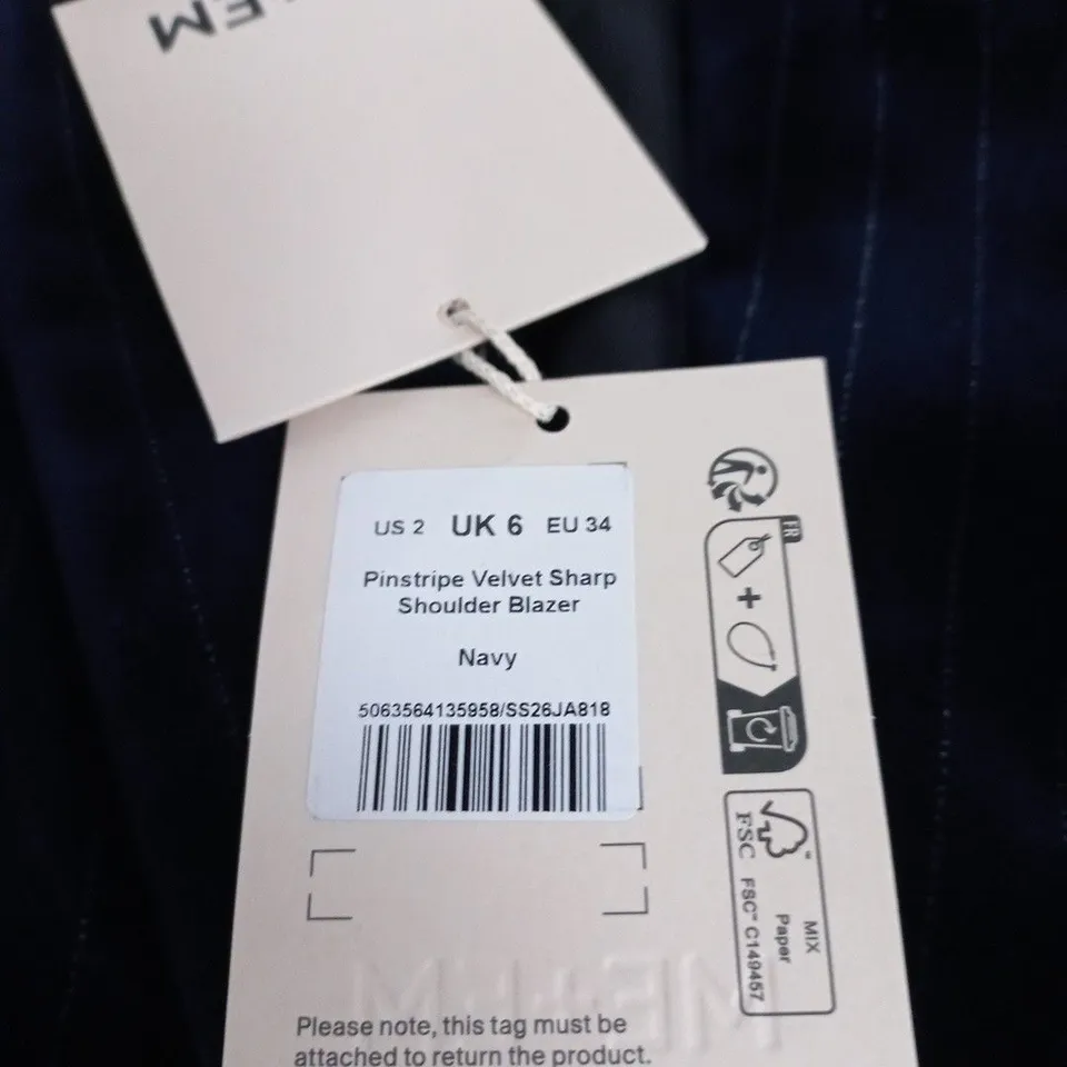 ME+EM PINSTRIPE VELVET SHARP-SHOULDER BLAZER NAVY - SIZE UK 6