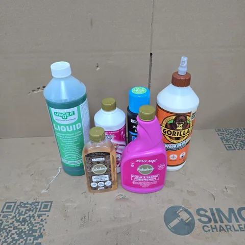 TOTE OF APPROXIMATELY 15 ASSORTED HOUSEHOLD ITEMS TO INCLUDE MOUNTAIN WAREHOUSE WASH N PROOF, FABULOSA ROOM AND FABRICE FRESHENER, GORILLA WOOD GLUE ETC