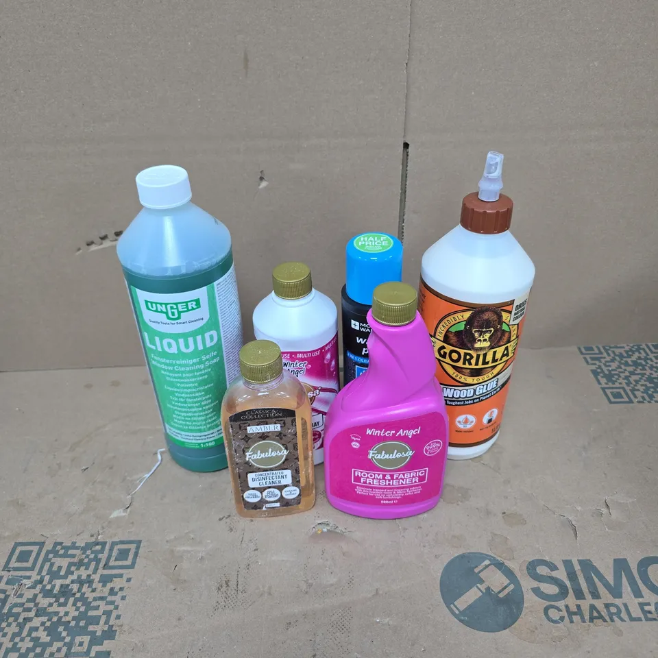 TOTE OF APPROXIMATELY 15 ASSORTED HOUSEHOLD ITEMS TO INCLUDE MOUNTAIN WAREHOUSE WASH N PROOF, FABULOSA ROOM AND FABRICE FRESHENER, GORILLA WOOD GLUE ETC