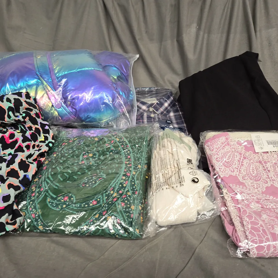 BOX OF ASSORTED CLOTHING ITEMS IN VARIOUS COLOURS, STYLE AND SIZES 