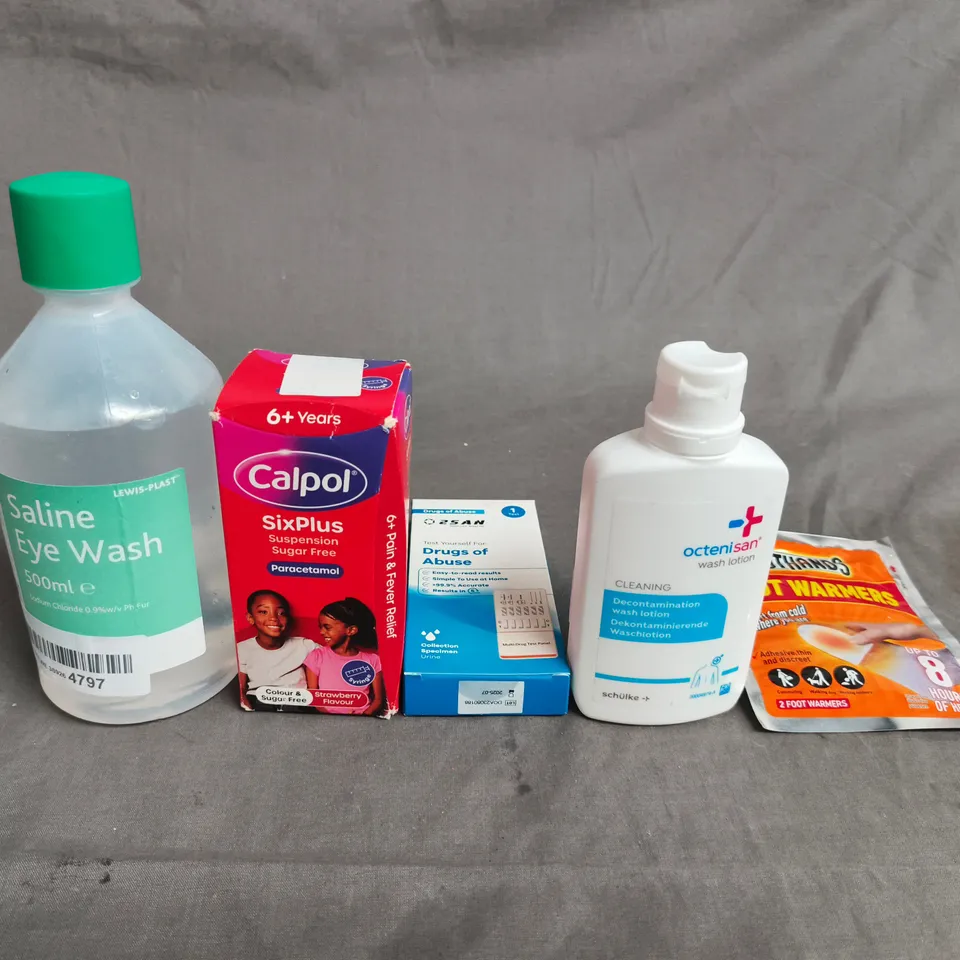 APPROX 10 ASSORTED ITEMS TO INCLUDE : Saline Eye Wash, Calpol SixPlus Suspension, Octenisan Wash Lotion, Drugs of Abuse Test Kit, Foot Warmer Sachet