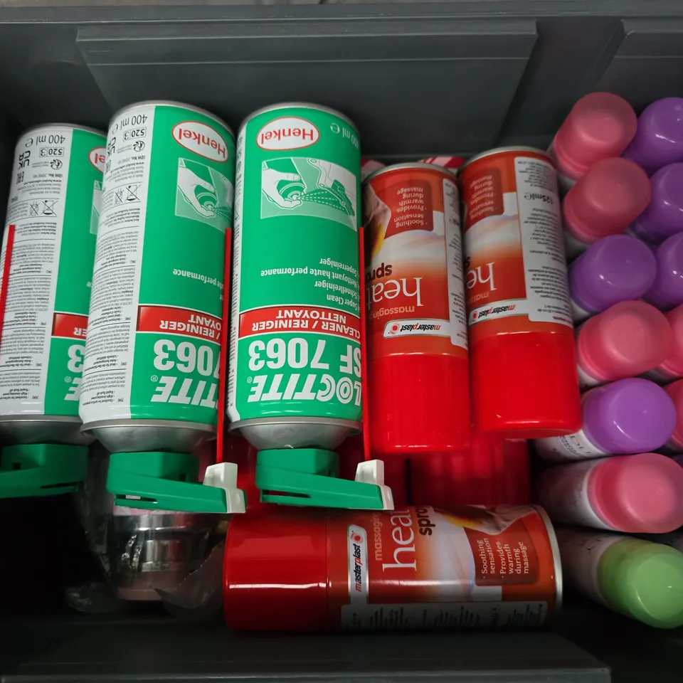 APPROXIMATELY 20 ASSORTED AEROSOLS TO INCLUDE MASSAGING HEAT SPRAY, LOCTITE SF 7063 SUPER CLEAN, SUNDAE CANDY CANE SHOWER FOAM, ETC - COLLECTION ONLY