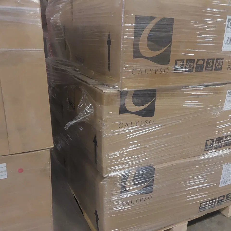 PALLET CONTAINING A LARGE QUANTITY OF BRAND NEW CALYPSO SAVENA SINGLE DRAWER VANITY BASES, CALYPSO WASHBASIN CABINET ECT