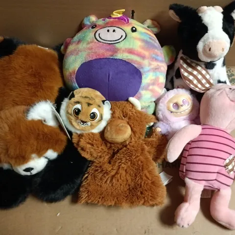 LOT OF 12  ASSORTED PLUSH SOFT TOYS – TIGER, PANDA, COW & FRIENDS (BOX LOT)