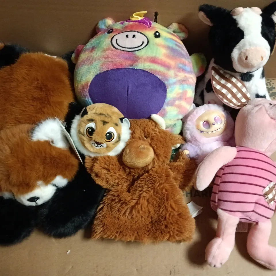 LOT OF 12  ASSORTED PLUSH SOFT TOYS – TIGER, PANDA, COW & FRIENDS (BOX LOT)