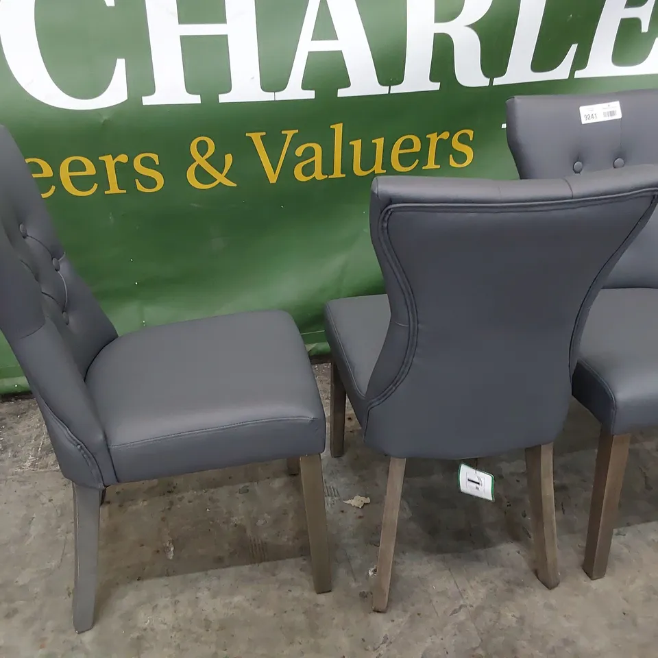 SET OF FOUR UPHOLSTERED BUTTONED BACK DINING CHAIRS GREY PU ON SILVERED LEGS