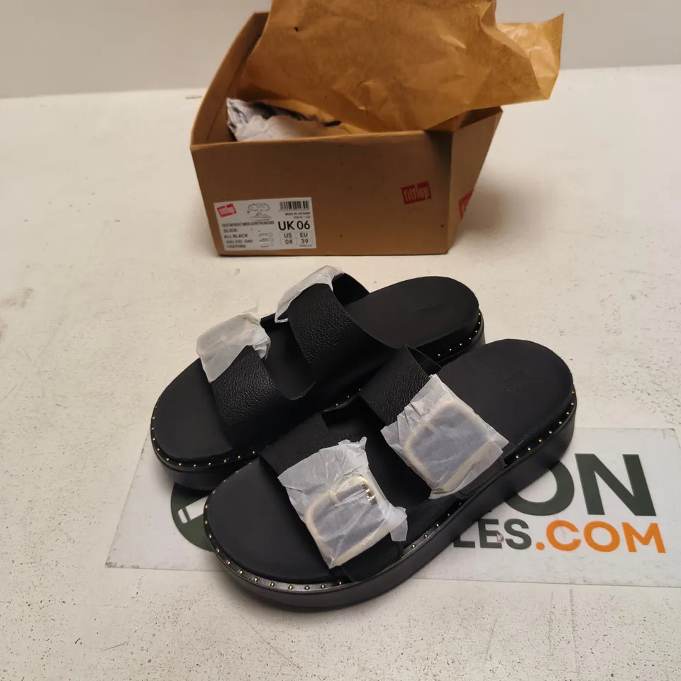 FITFLOP BLACK LEATHER DOUBLE-BAND SLIDE SANDALS, UK 6
