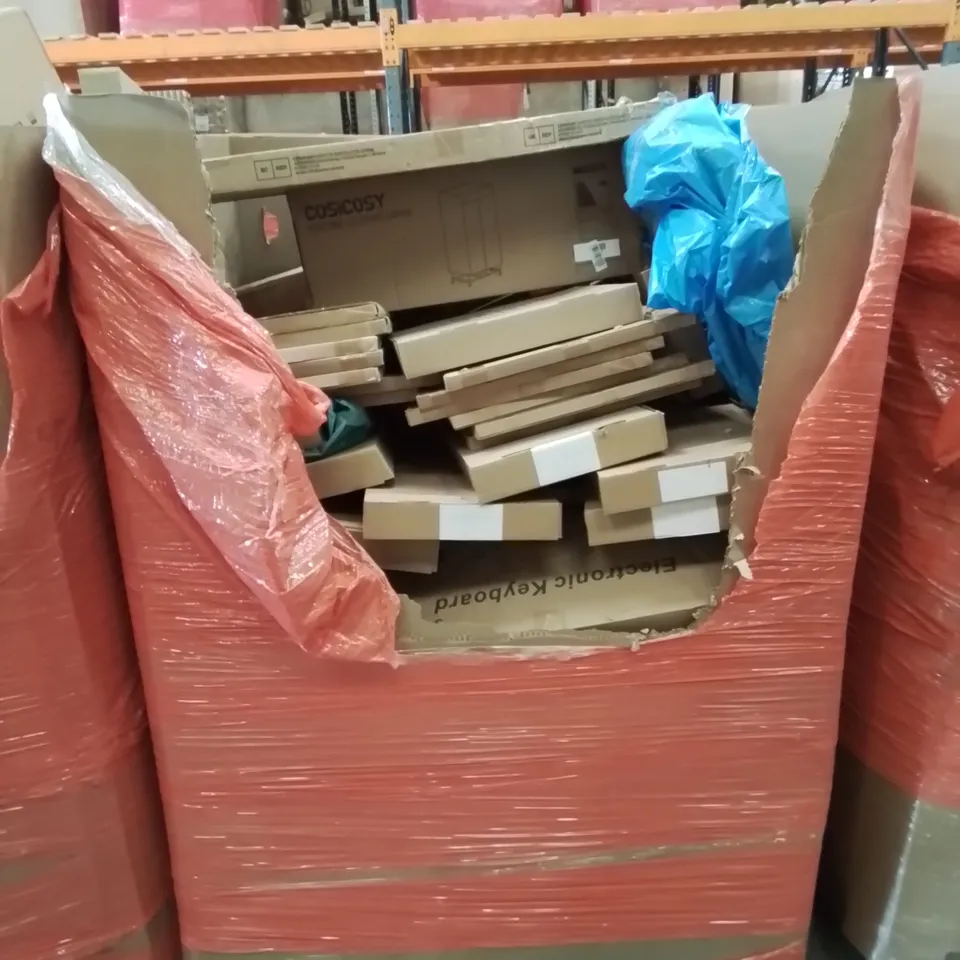 PALLET CONTAINING MIXED BOXED HOUSEHOLD ITEMS TO INCLUDE: ELECTRIC CLOTHES DRYER, STEP LADDER, ELECTRIC KEYBOARD AND LOTS MORE UNMARKED BOXED ITEMS 