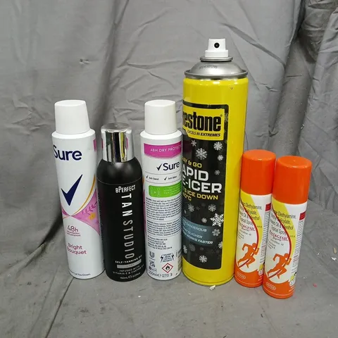 APPROXIMATELY 15 ASSORTED AEROSOLS TO INCLUDE RAPID DE-ICER, TOPICAL SPRAY, BPERFECT TANNING STUDIO GEL, ETC - COLLECTION ONLY