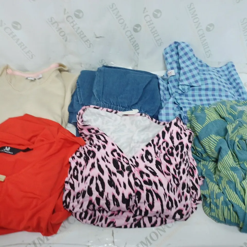 LARGE BOX OF ASSORTED CLOTHING ITEMS TOO INCLUDE TOPS , DRESSES AND JUMPERS COMING IN DIFFERENT COLOURS AND SIZES 