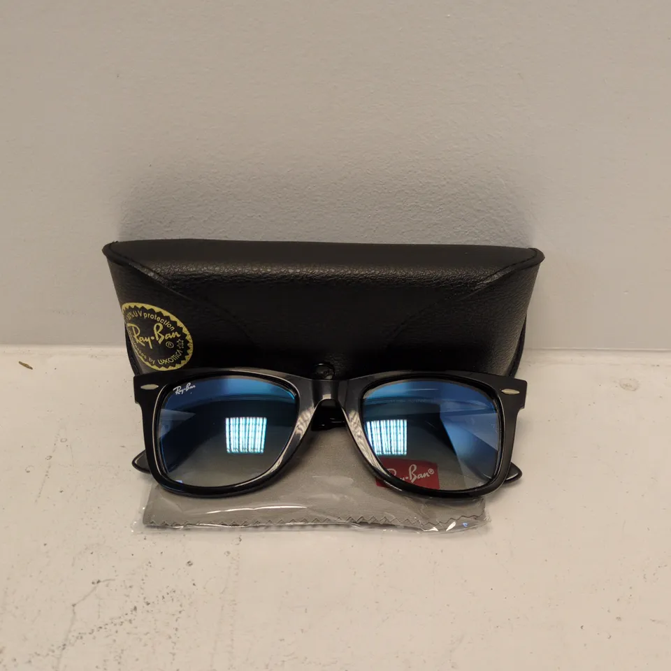 RAY-BAN WAYFARER SUNGLASSES – BLACK FRAME, BLUE MIRROR LENSES (RB2140)