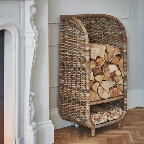 BOXED NATURAL RATTAN LOG TROLLEY WITH KINDLING SHELF