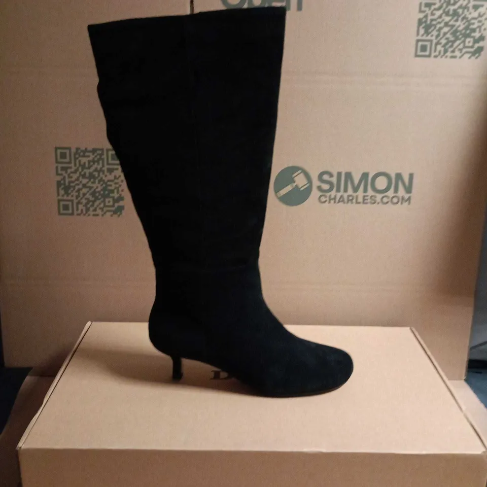 DUNE LONDON BLACK SUEDE KNEE-HIGH BOOTS – KITTEN HEEL, WOMEN'S SIZE 8