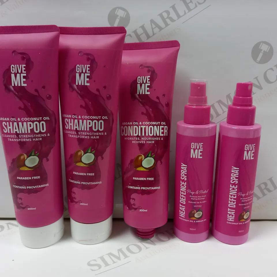 BOX OF 5 ITEMS TO INCLUDE GIVE ME ARGAN OIL SHAMPOO (2X300ML), GIVE ME ARGAN OIL CONDITIONER (1X300ML), GIVE ME HEAT DEFENCE SPRAY (2X150ML)