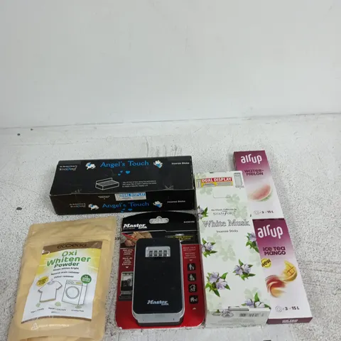APPROXIMATELY 15 ASSORTED ITEMS INCLUDING AIRUP ICE TEA MANGO, STAMFORD WHITE MUSK INCENSE STICKS AND A MASTER LOCK