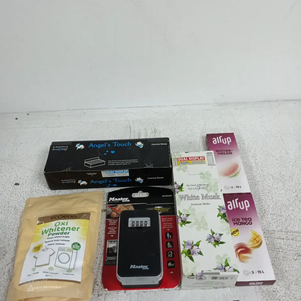 APPROXIMATELY 15 ASSORTED ITEMS INCLUDING AIRUP ICE TEA MANGO, STAMFORD WHITE MUSK INCENSE STICKS AND A MASTER LOCK