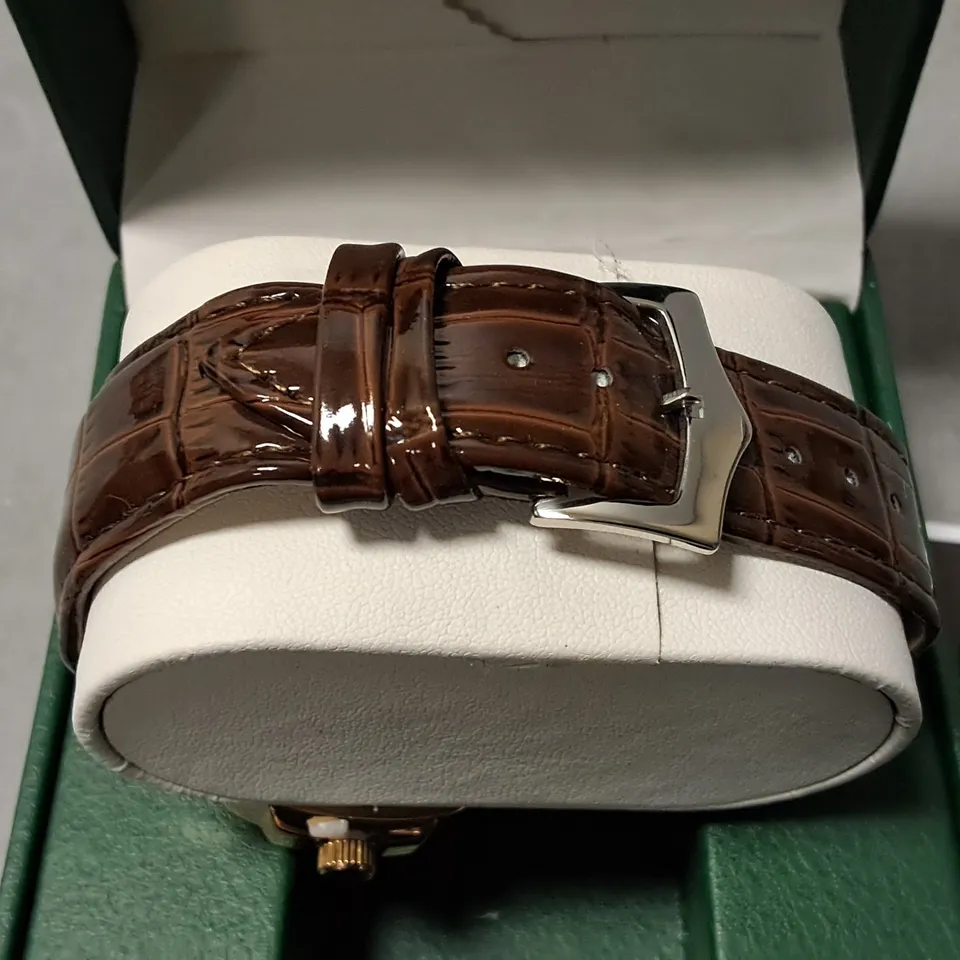 FRANK SCHMIDT STAINLESS STEEL GREEN FACED GENTS WATCH WITH BROWN LEATHER STRAP 