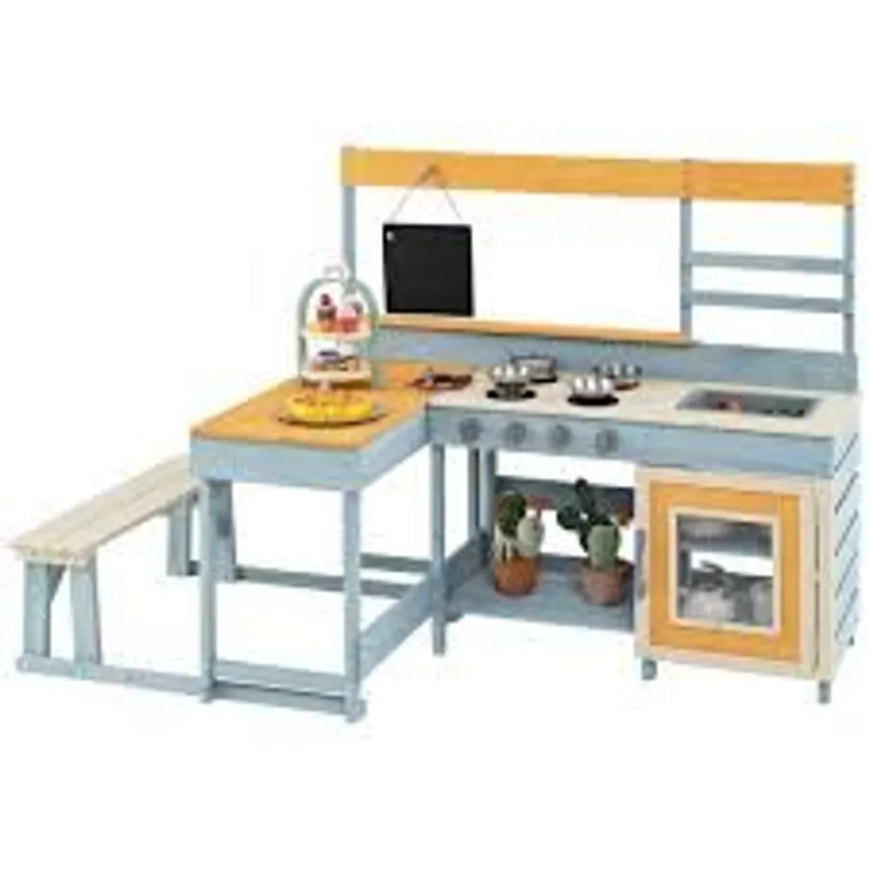 BOXED COSTWAY KIDS GREY FIR WOOD MUD KITCHEN PLAY SET WITH PICNIC TABLE