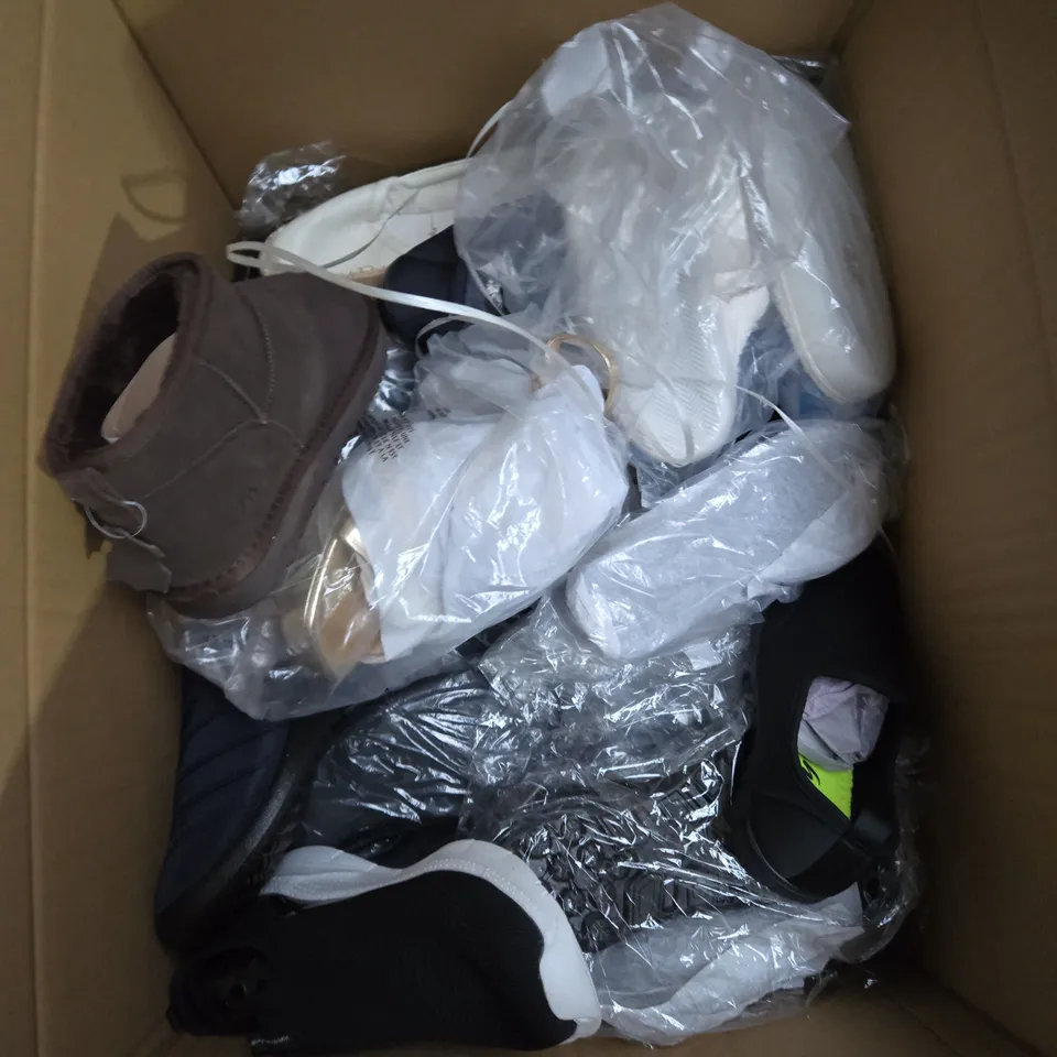 LARGE BOX OF ASSORTED SHOES AND FOOTWEAR ITEMS IN VARIOUS SIZES, STYLES AND COLOUR - COLLECTION ONLY  